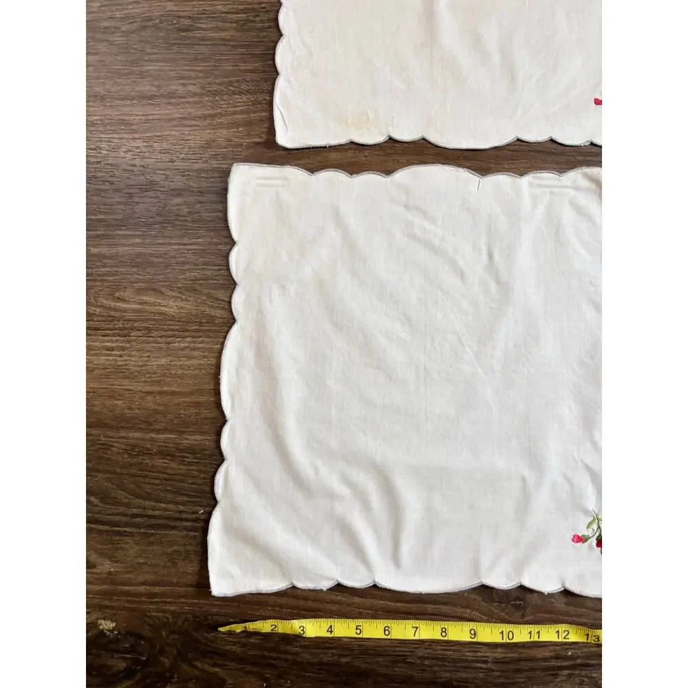 Vintage 5pc Cloth Napkins White Cotton Red Floral Rose Embroidery AS IS 15